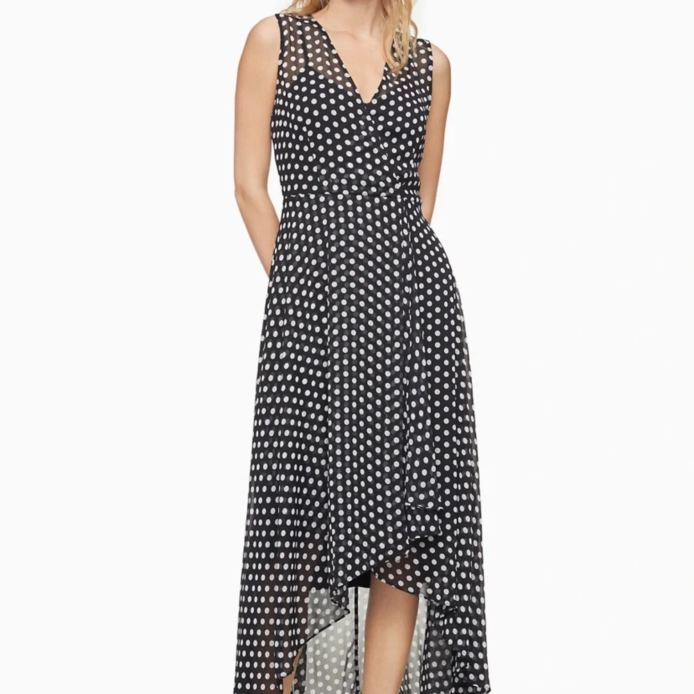 Calvin Klein Dot V-neck Sleeveless Wrap High-Low Maxi Dress - Picture 1 of 5